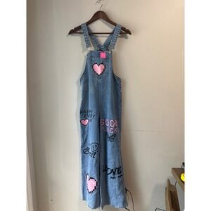 🎃Kidcore Y2K Graphic Denim Overalls Wide Leg Pixel‎ Heart Butterfly Medium